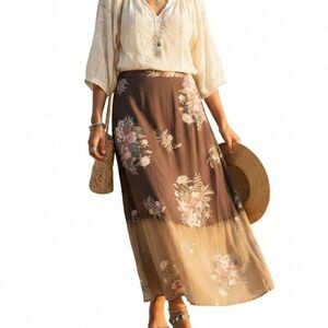 ​B. Moss Vintage Floral Midi Skirt Size M Rayon Dip Dye Ombre Cottagecore Boho
